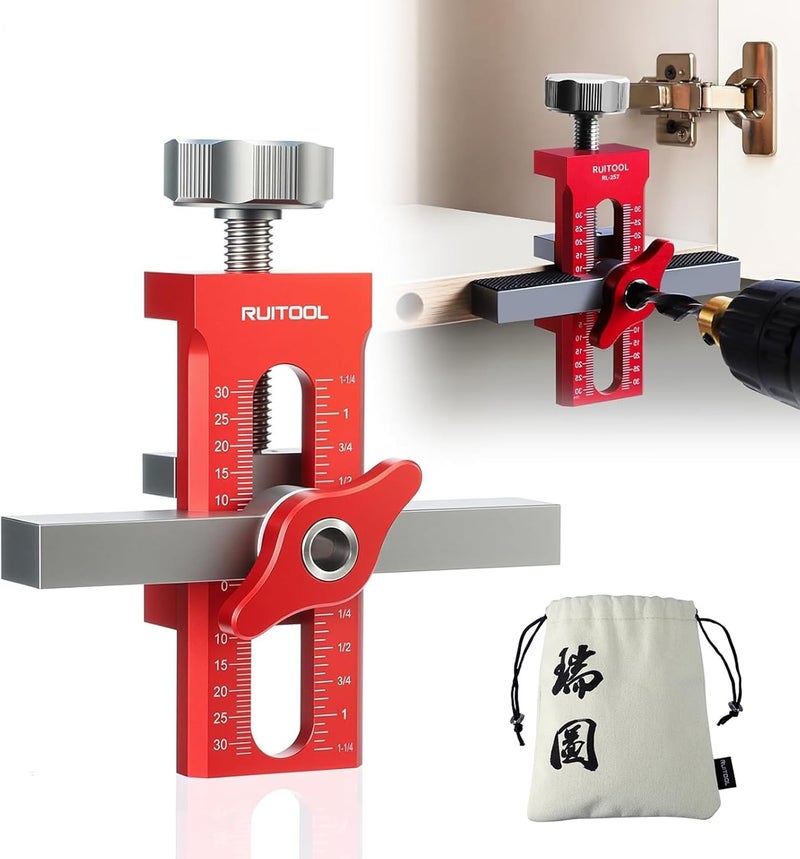 RUITOOL 2-in-1 Cabinet Door Mounting Jig & Rebound Device Tool with Bag, Installation Positioner for Frameless Cabinets Only, Easily Adjustable Aluminium Alloy Cabinet Hardware Jig with 3 Drill Bits - Image 1